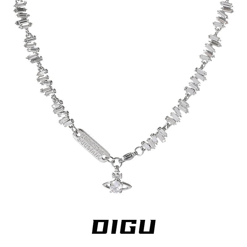 嘀咕家 铜合金合成锆石项链 个性闪钻土星吊坠项链满钻锁骨链颈链