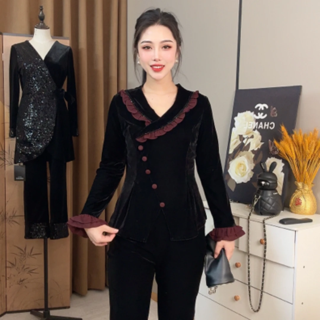 1061春季新款设计师原创定制高端品质拼接丝绒女神国风上衣新中式