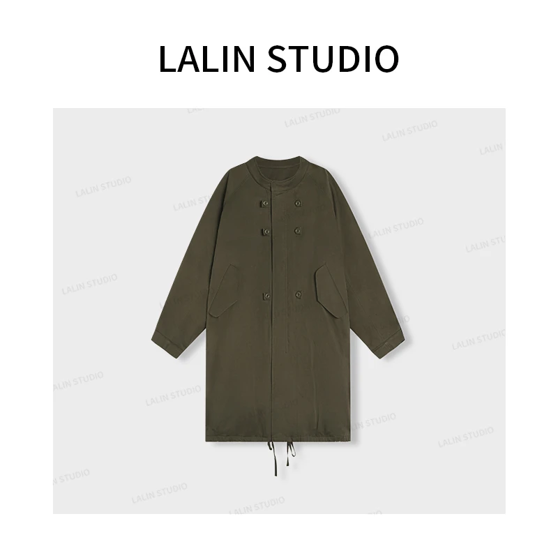 LALIN2025ss长款翻领常规款纯色落肩袖立领简约女毛呢风衣常规