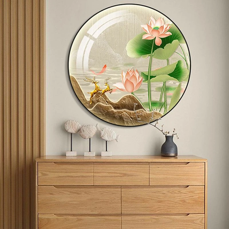 莲花鲤鱼图玄关装饰画新中式圆形荷花挂画寓意好过道壁画客厅墙画