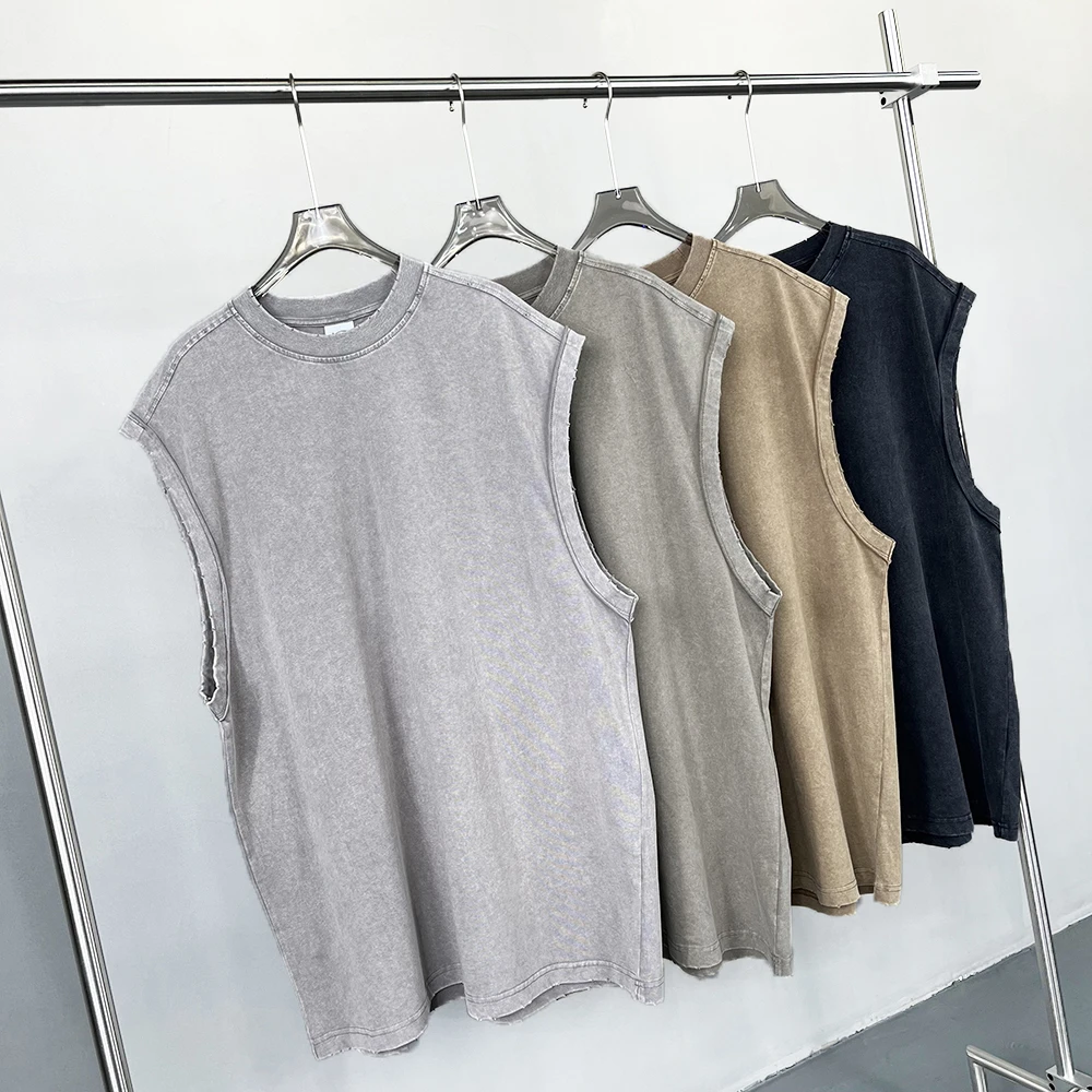 重磅复古炒雪花水洗做旧磨边运动背心男款无袖T恤男美式坎肩马甲