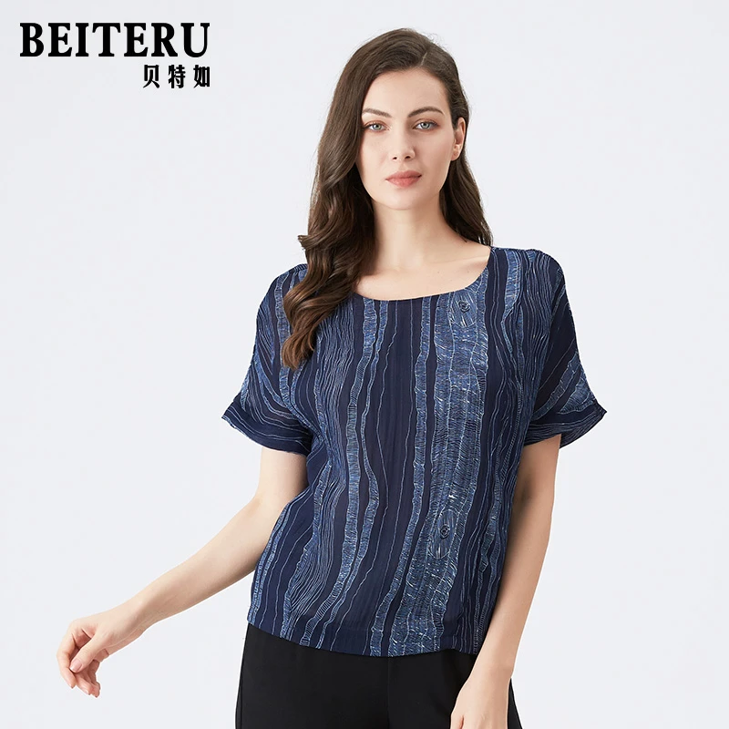 贝特如减龄妈妈夏装夏季T恤女新款创意树纹年轮印花休闲蓝上衣EL