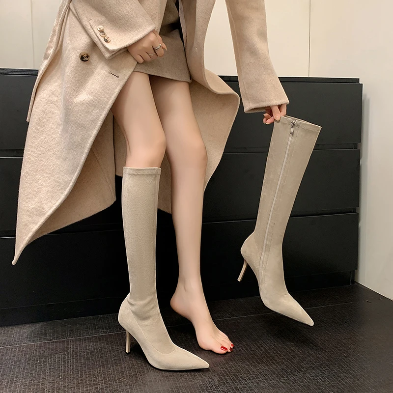 【令奢】跟高9cm/34-42/尖头细高跟长筒靴绒面瘦瘦靴小个子不过膝靴