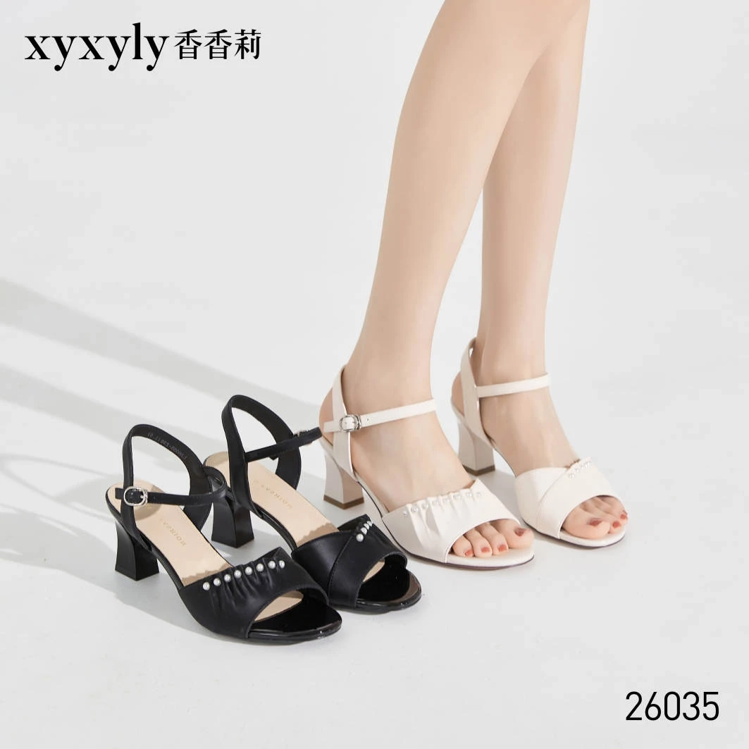香香莉2024夏季新款韩版26035女鞋露趾中跟粗跟串珠舒适OL女凉鞋