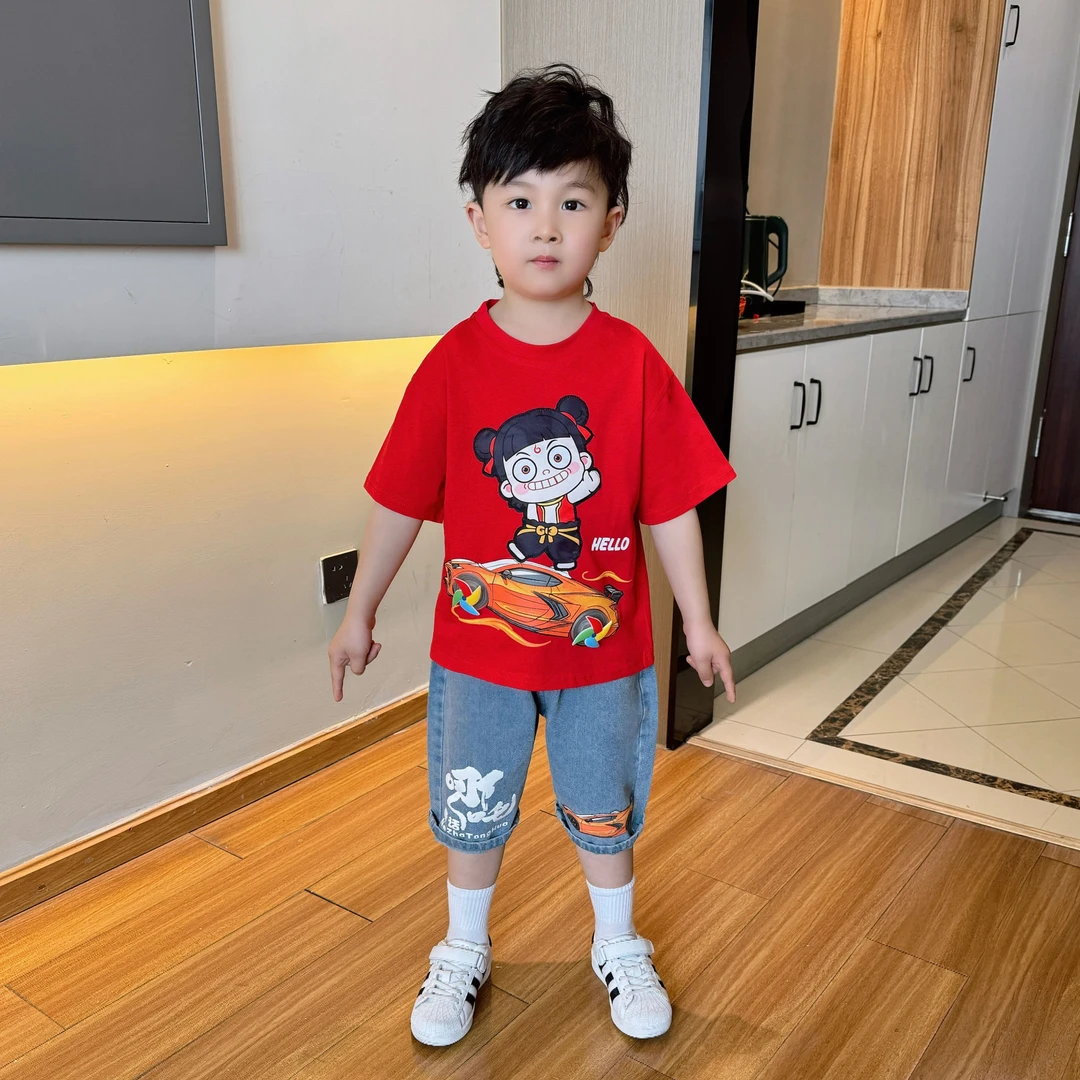 儿童哪吒服装潮酷男童夏季套装2025新款男孩短袖夏装宝宝帅气衣服