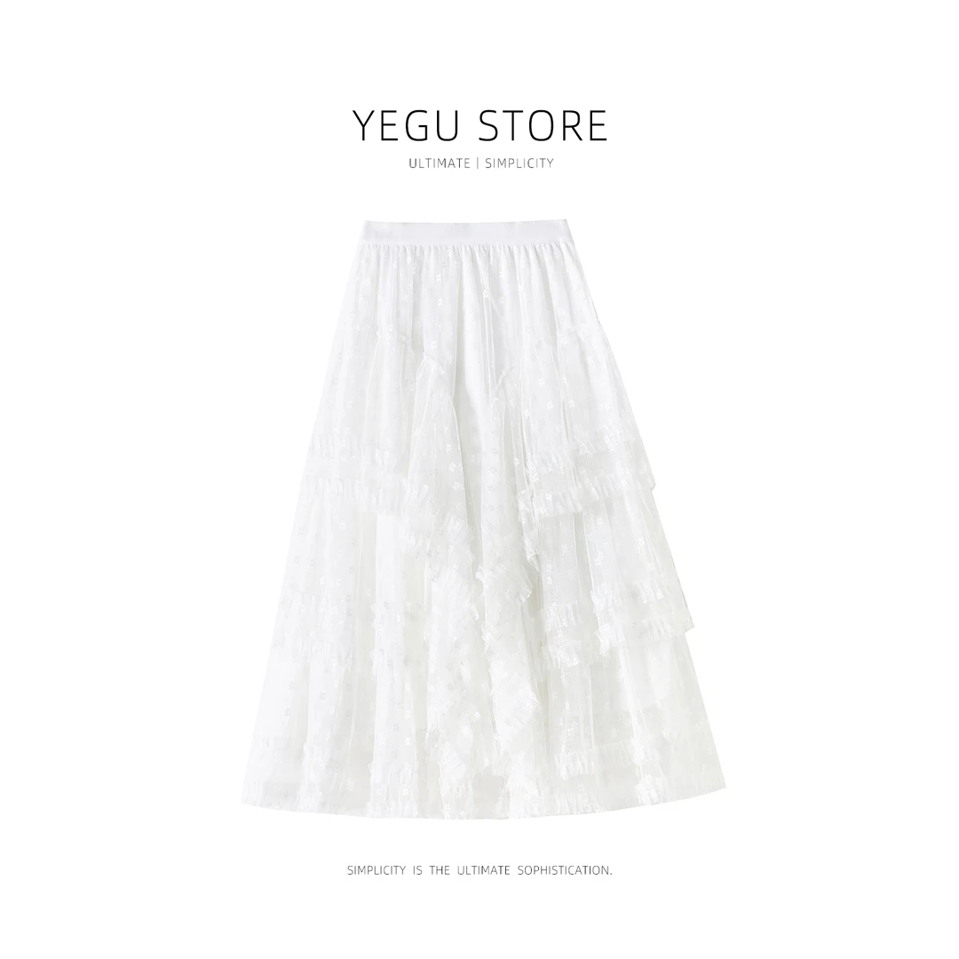 白色蕾丝花边半身裙女春夏不规则网纱蛋糕裙中长款高腰a字蓬蓬裙