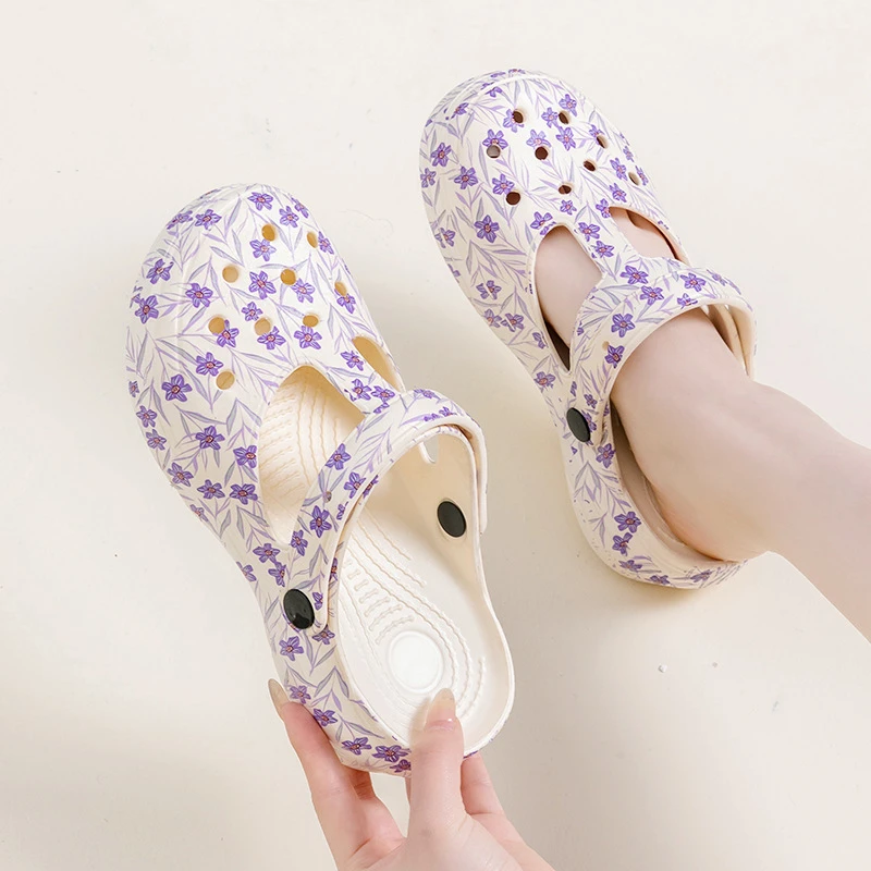 包头洞洞鞋女夏季新款外穿时尚印花厚底防滑沙滩花园凉鞋女士轻便