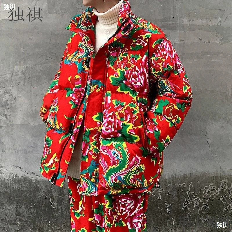 东北大花棉袄子情侣加厚棉衣男中国风衣服潮流棉服外套套装棉裤子
