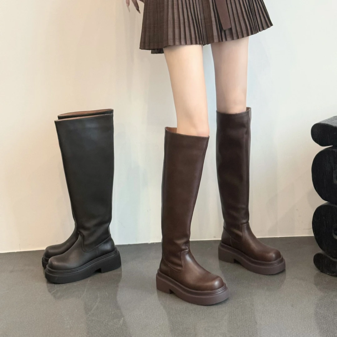 【鞋逅】~6厘米真皮~厚底粗跟过膝长筒靴女2025新款骑士靴高跟长靴