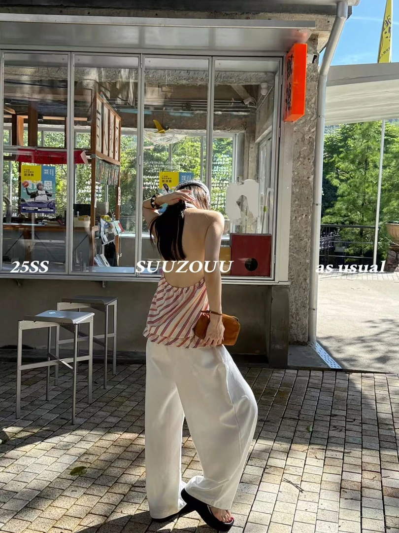 馒头（1mtt363#）双层收腰下摆  条纹polo无袖短T恤 7-9