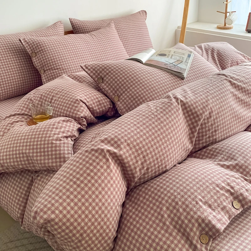 格子纽扣款床单被套四件套简约条纹棉被罩日式床单床上用品三件套