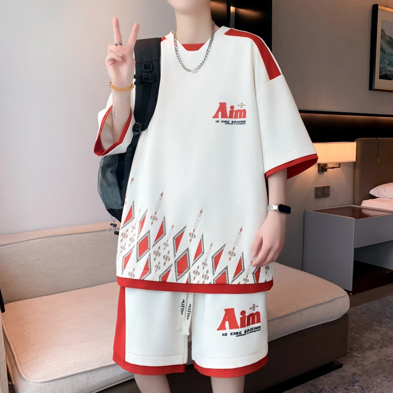 夏季新款青少年短袖T恤套装男生宽松时尚潮流学生百搭运动两件套