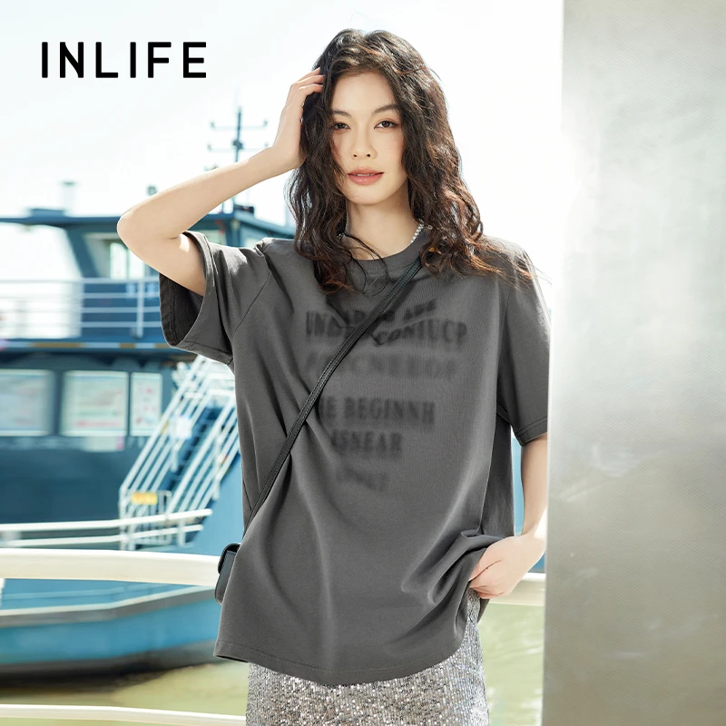 伊纳芙美式圆领字母T恤女夏新款慵懒风纯棉宽松休闲上衣Y43BT139