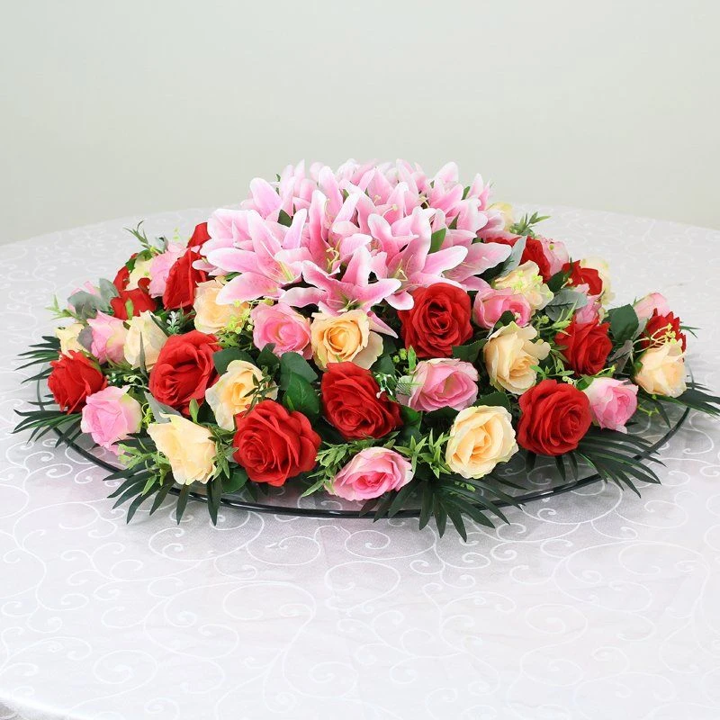 酒店圆形餐桌花电动转盘装饰花大圆桌假花摆件餐厅包间台摆放花艺