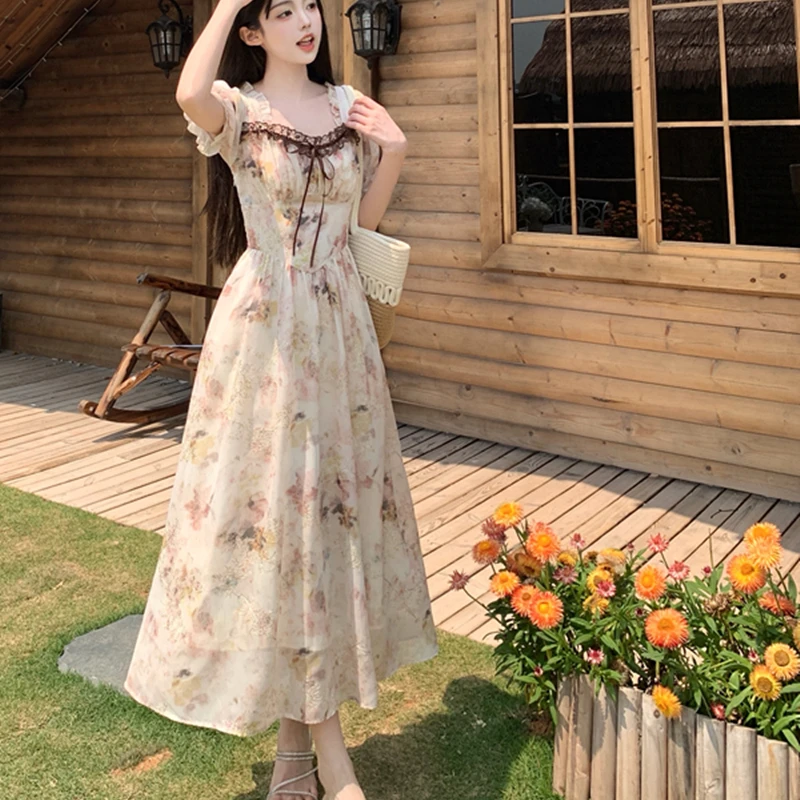 大码女装蕾丝边碎花雪纺连衣裙夏季新款微胖大码温柔裙子