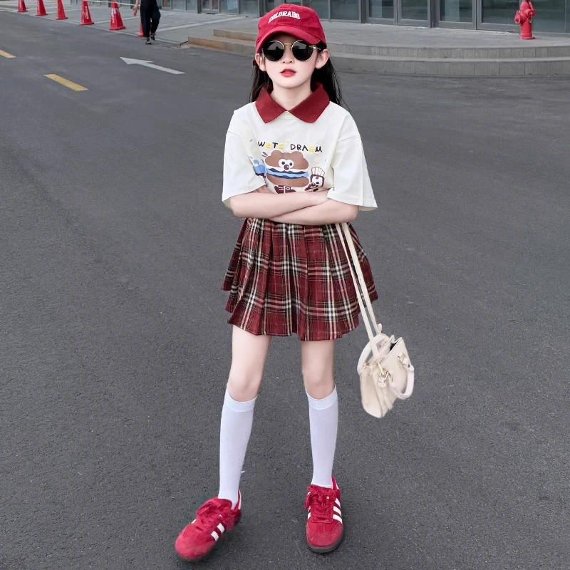 女童洋气百褶裙套装夏季薄款短袖T恤两件套2025女孩夏装新款大童