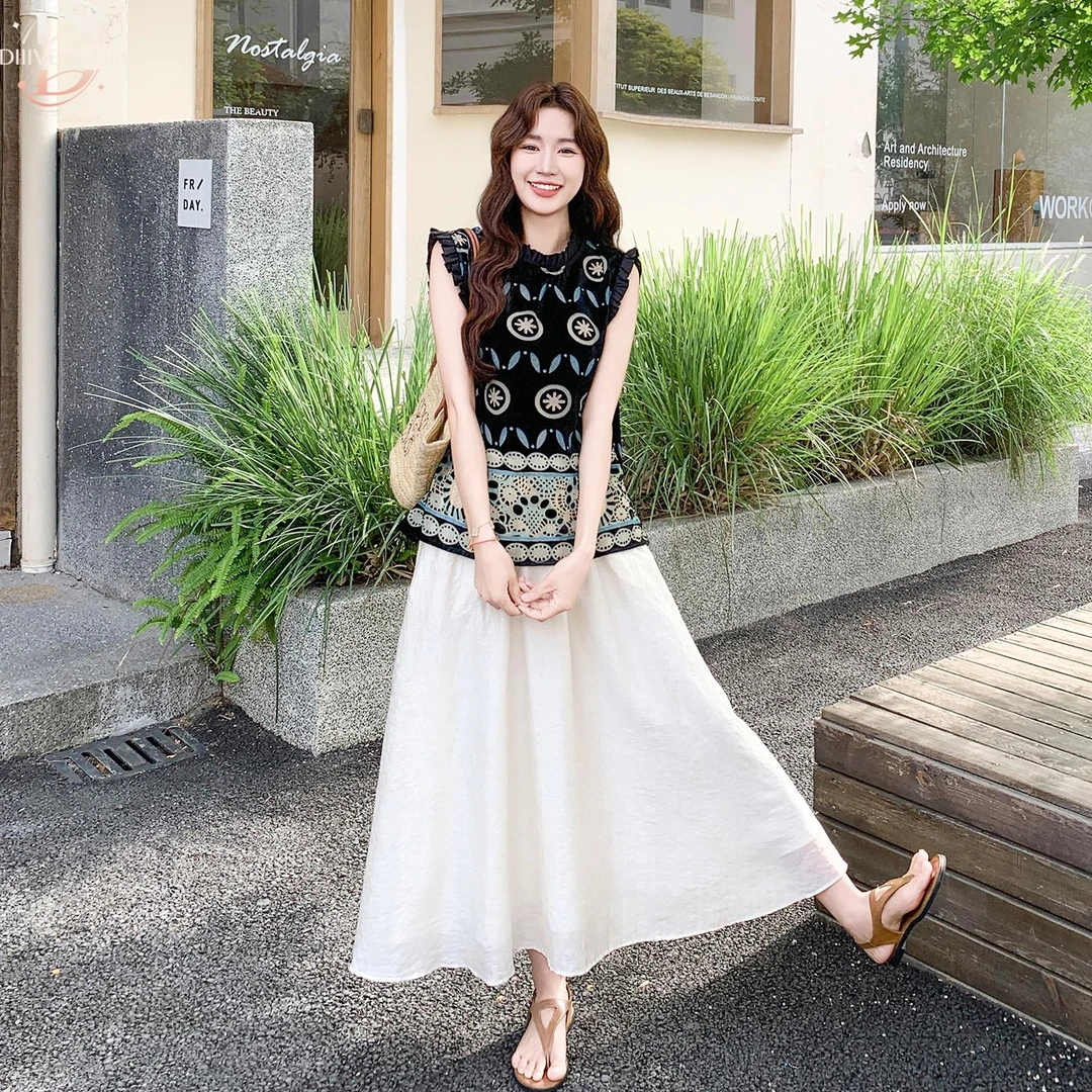 复古木耳边撞色上衣套装女2025夏季新款时尚百搭高腰半身裙两件套