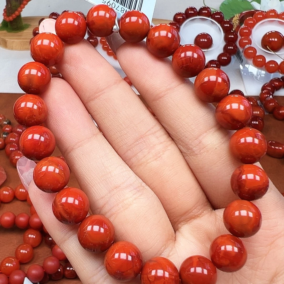 南红玛瑙未镶嵌手串福利 瓦西满肉柿子锦卡9mm+