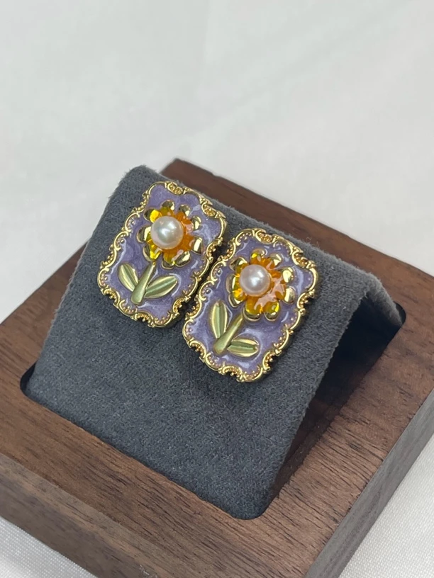 【YzzM珍珠】“方块油画”花花设计款天然珍珠耳钉s925银