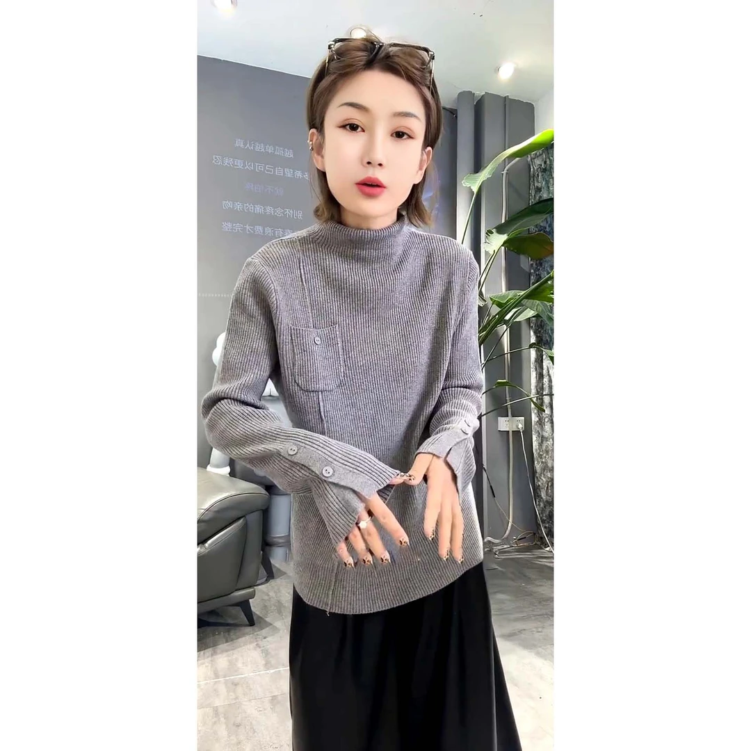 设计感高领口袋袖口纽扣针织毛衣宽松显瘦百搭长袖毛衣