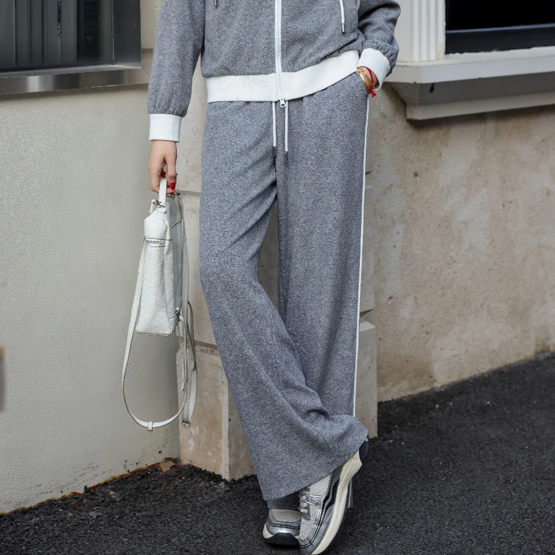 十二篮专选25春新款圈圈绒灰色抽绳腰休闲直筒裤7C65120110