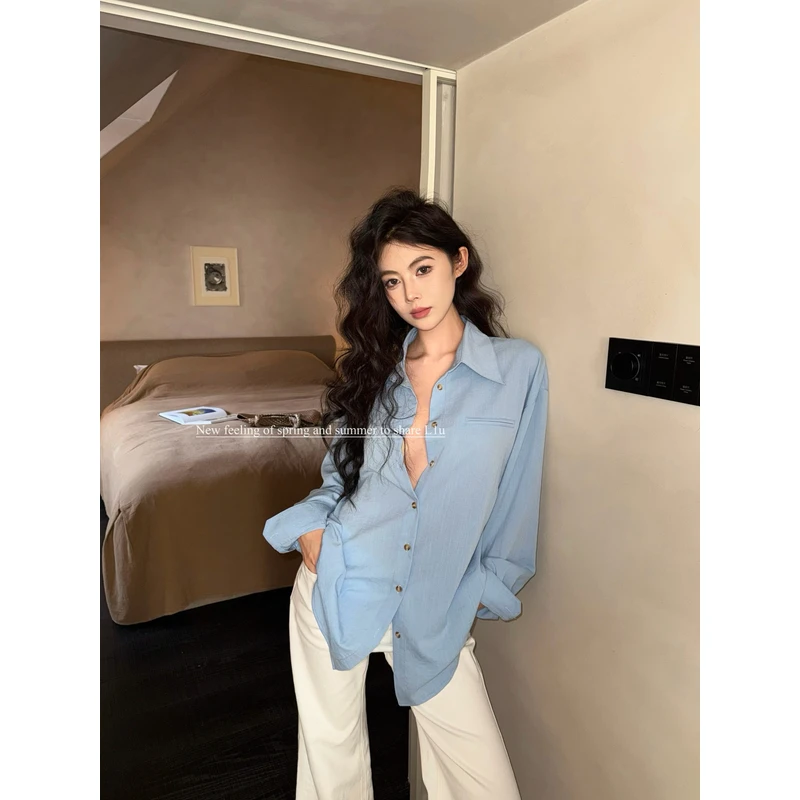 慵懒风休闲长袖衬衫外套女夏季2025新款长款宽松显瘦开衫衬衣ins