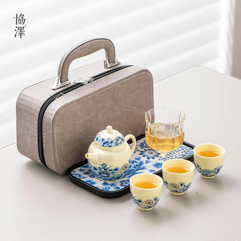 汝窑泡茶壶茶杯旅行茶具新款一壶二杯带茶盘便携式收纳包户外露营