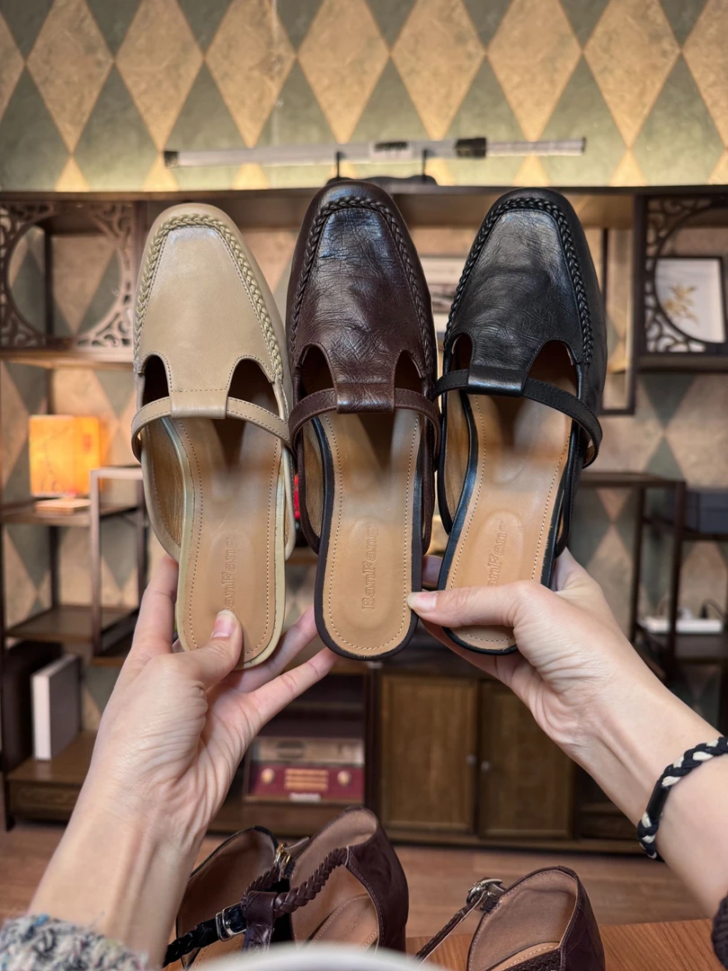 半坊手工女鞋|34-40|3cm|夏季新款中空麻花编织软底粗跟拖鞋