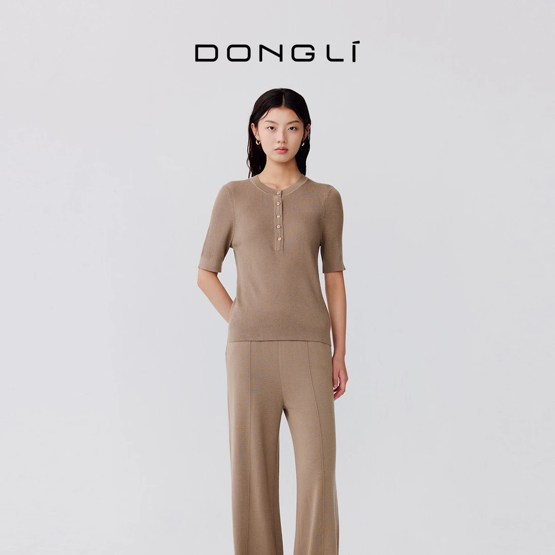 东黎 桑蚕丝山羊绒 温柔的海风-精英亨利衫 女士圆领纯色短袖5209