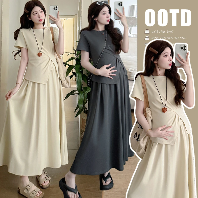2025夏季纯棉设计感显瘦洋气法式减龄上衣+半身裙中长款孕妇套装