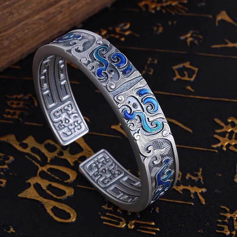 足银珐琅手镯  足银999.9实心珐琅银手镯浮雕男女款国风饕餮银镯