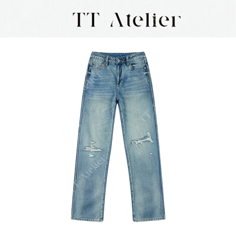 TT设计师【率性】新款破洞水洗牛仔裤女夏季休闲百搭长裤 TT250243