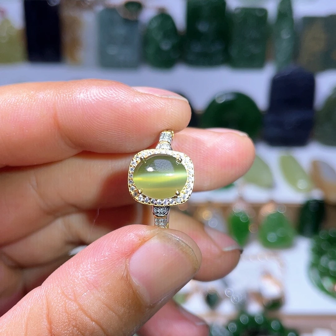 和田玉戒指银S925镶嵌碧玉黄金猫眼