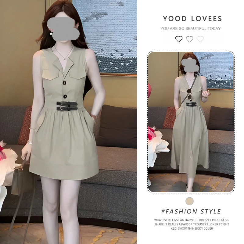 法式气质V领无袖工装连衣裙女夏季新款小个子收腰显瘦背心短裙子