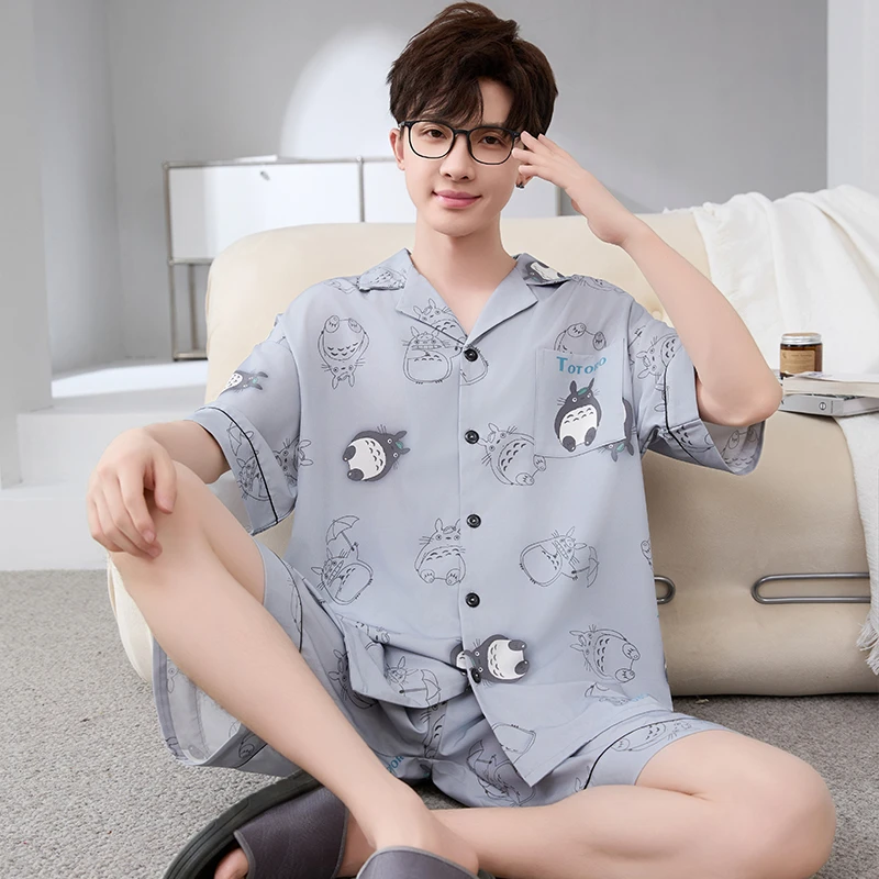 夏季睡衣男士薄款短袖冰丝绸卡通男款大码青少年可外穿家居服套装