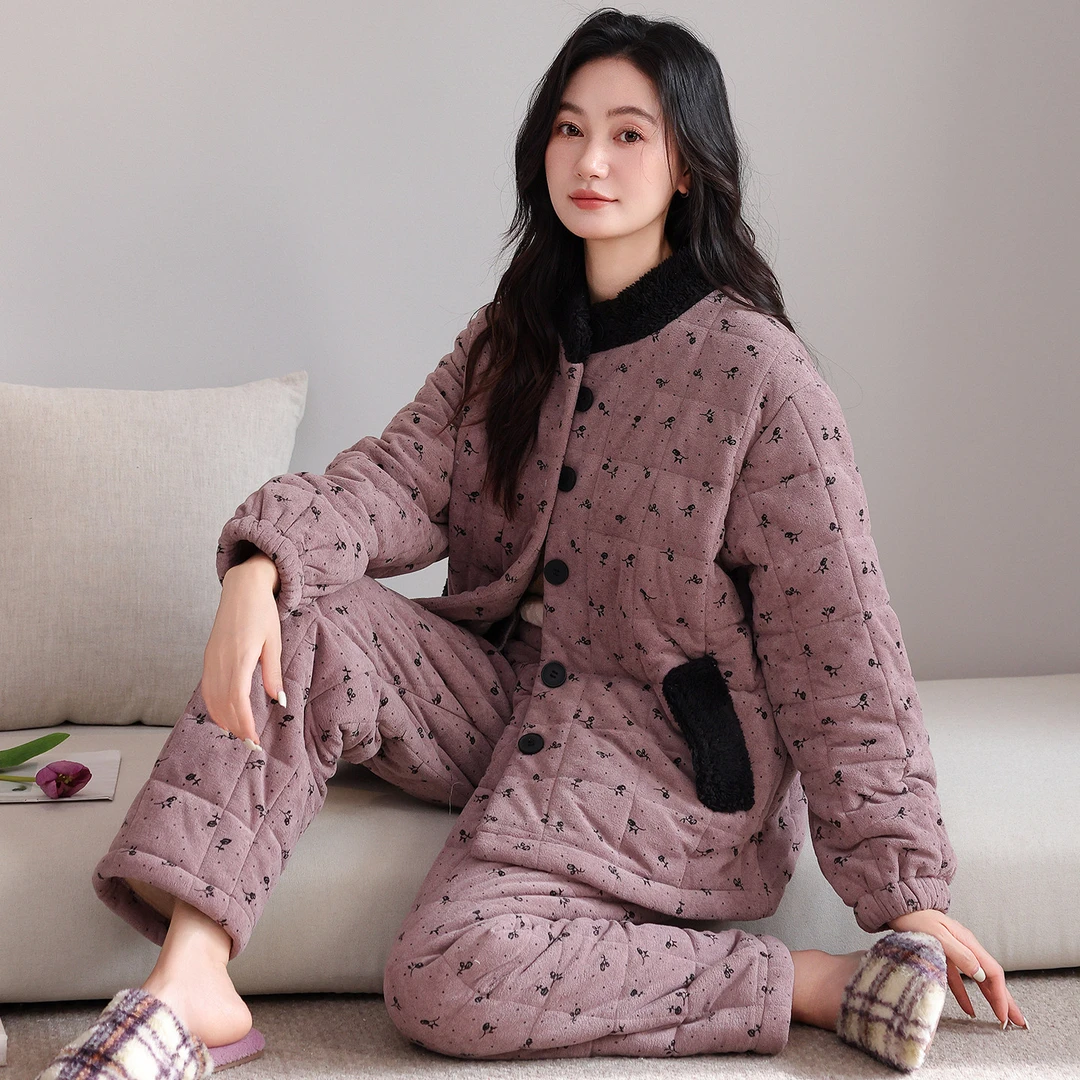 睡衣女冬季珊瑚绒三层加厚夹棉保暖开衫家居服套装柔软简约可外穿