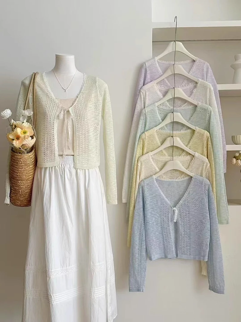 冰丝薄款镂空系防晒衫蕾丝绑带夏小众V领短款开衫外搭女I2-37