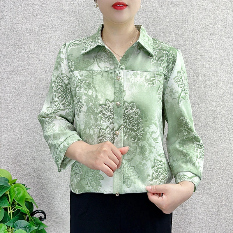 夏季七分袖衬衫妈妈装套头洋气小衫宽松显瘦中老年女装薄款上衣