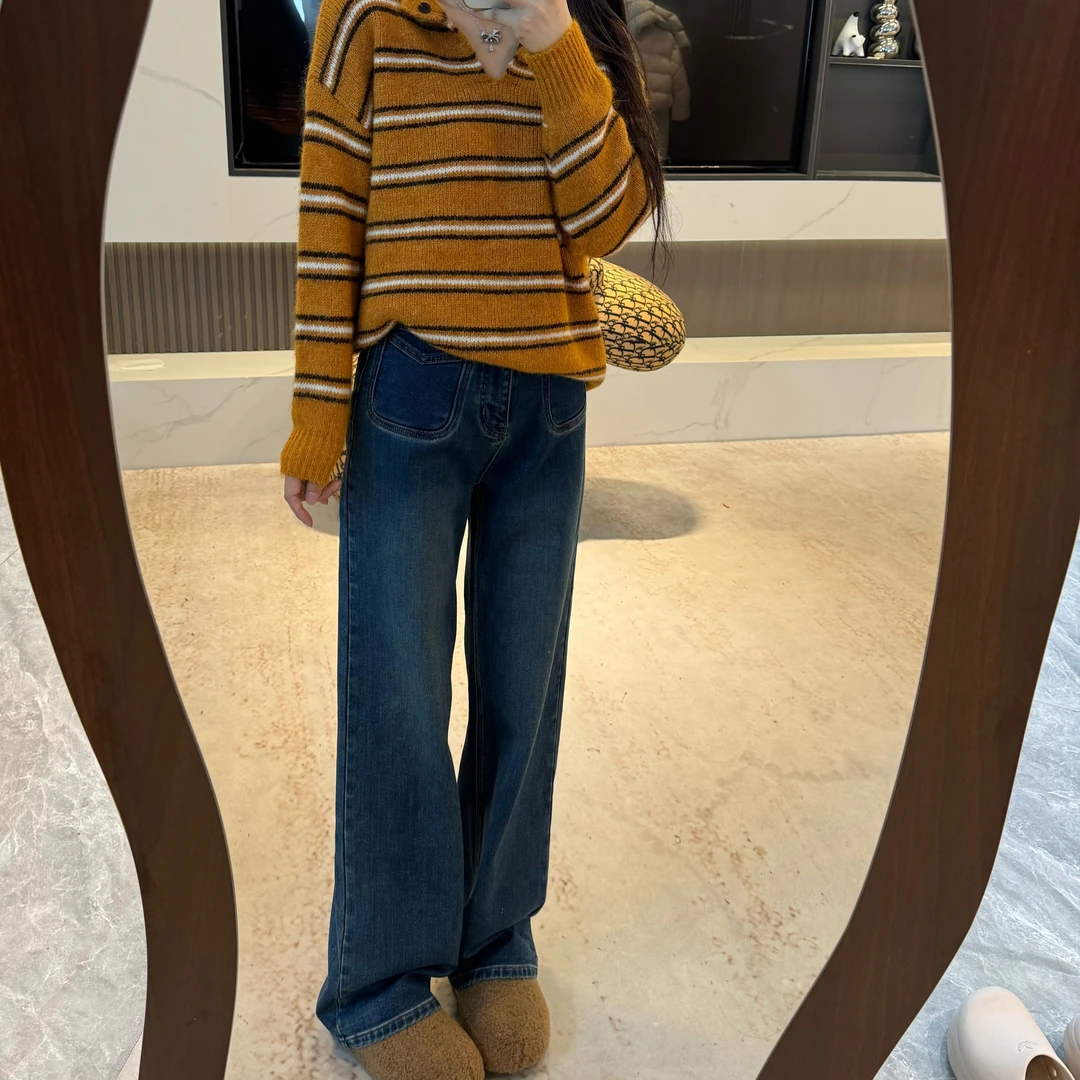 宿慕SUMU百搭植绒保暖阔腿牛仔裤10-11新款设计感显瘦长裤女32998