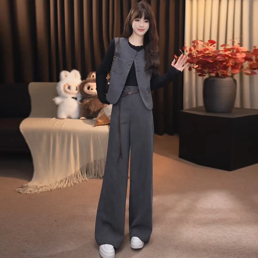 时尚套装女2025秋季新款洋气显瘦百搭上衣马甲高腰直筒裤三件套潮