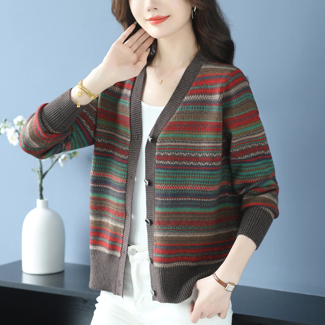 短款条纹毛衣开衫春秋洋气复古提花上衣2025新款妈妈针织外套减龄