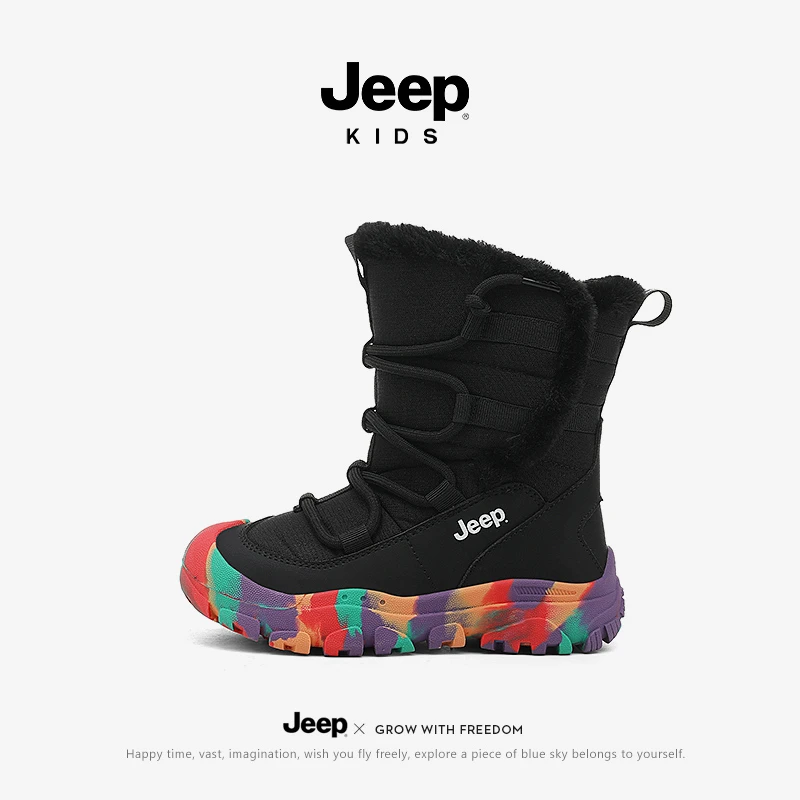 jeep儿童雪地靴男童户外防滑大棉鞋冬季加绒保暖加厚高帮棉靴女童