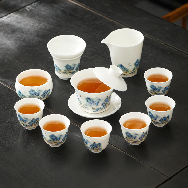 江山如画悬停盖碗白瓷功夫茶具套装高端办公室家用整套泡茶器专用