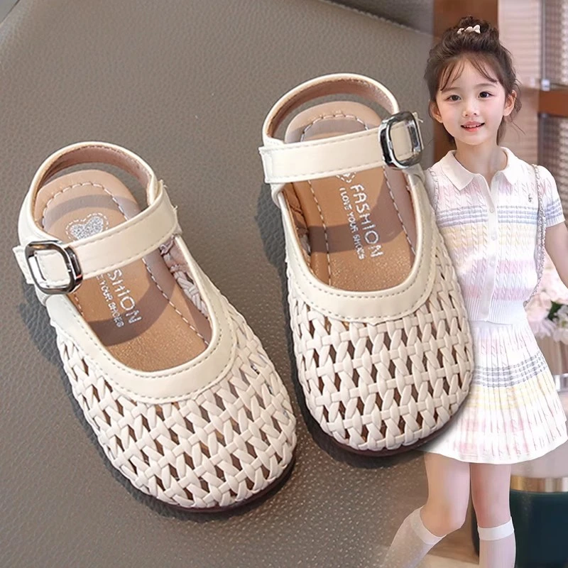 ABC女童包头凉鞋2025新款夏季儿童软底单鞋小女孩镂空编织公主鞋