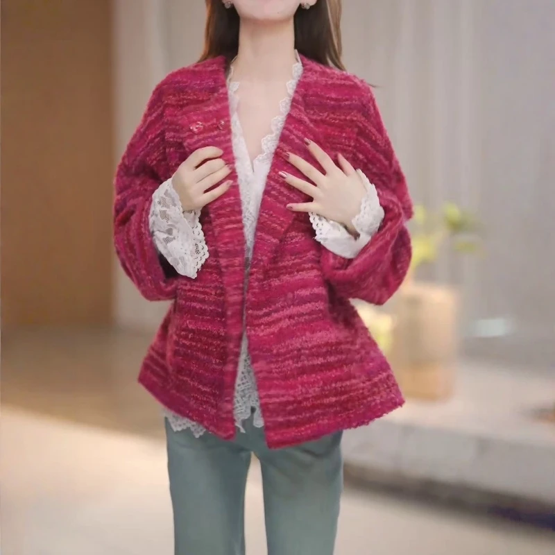 小香风保暖长袖外套2025秋冬新款法式慵懒风宽松休闲显瘦圆领上衣