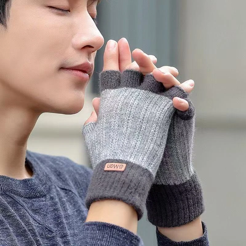 毛线针织手套男秋冬季露指学生写字打字骑行触屏保暖半指漏指弹性