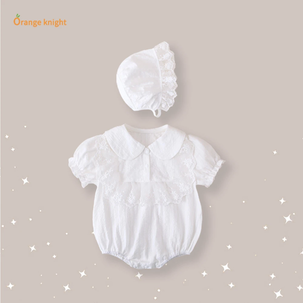 新生儿夏季新款蕾丝哈衣花边娃娃领连体衣爬服女宝宝公主裙满月服