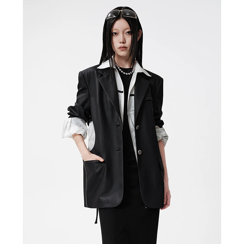 D63女装25春季黑色收腰短外套设计感通勤长袖西装外套5F1W68142