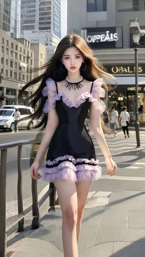 夏季新款黑拼紫圆领修身包臀时尚收腰小众轻奢优雅氛围感连衣裙女