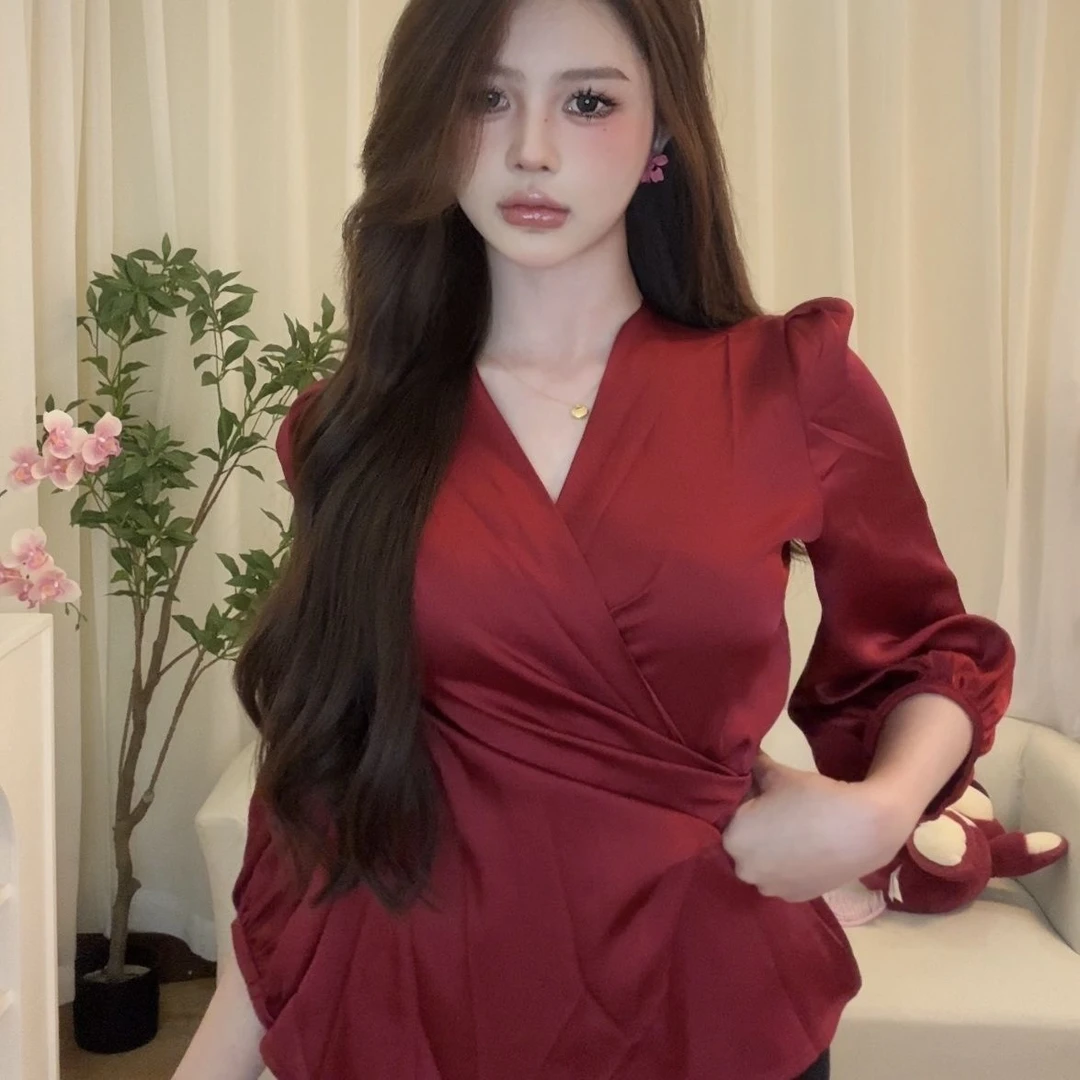 法式轻熟风绸缎面上衣女设计感早秋领夏季紫色衬衫收腰小